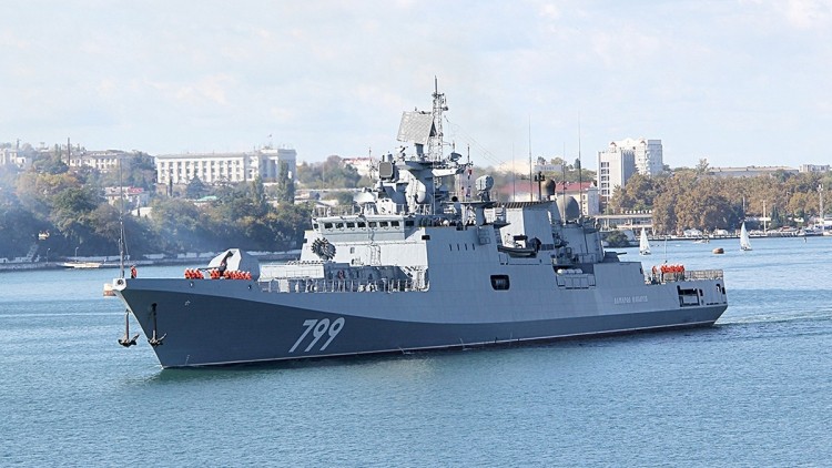 Russian frigate spent shooting in the Mediterranean Sea