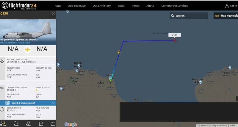 Published maps with the route of the Turkish Air Force with mercenaries in Libya