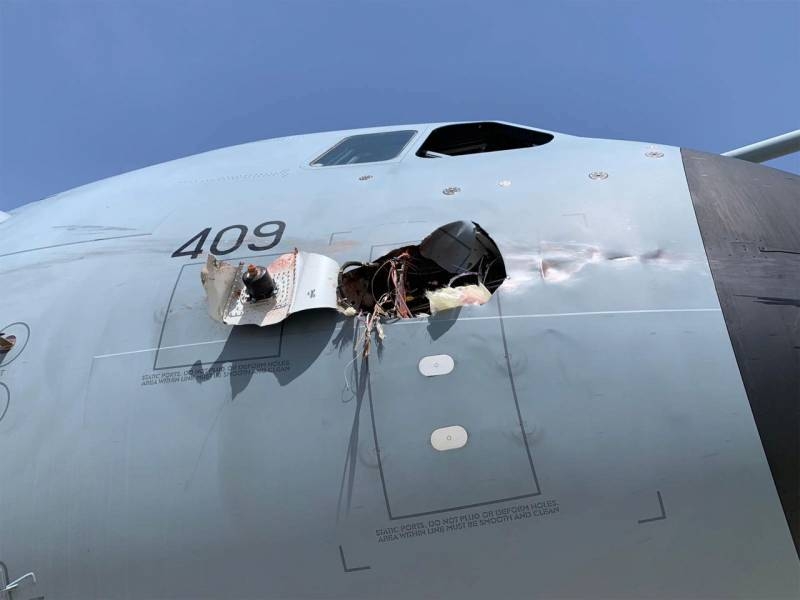 The effects of a collision of a Spanish Air Force transport plane with a bird are shown.