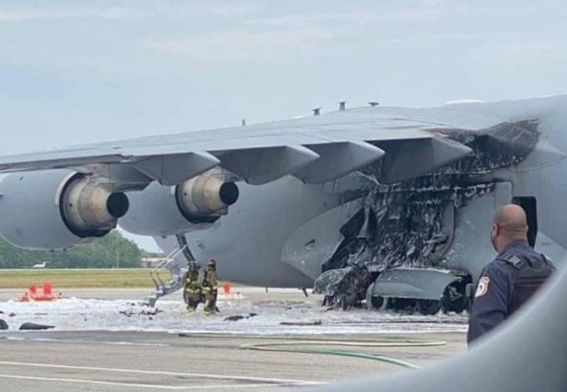 US Air Force Boeing C-17A military transport plane caught fire while landing
