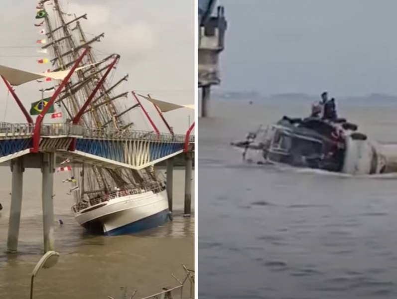 There was footage of a training sailing ship of the Brazilian Navy crashing into the bridge